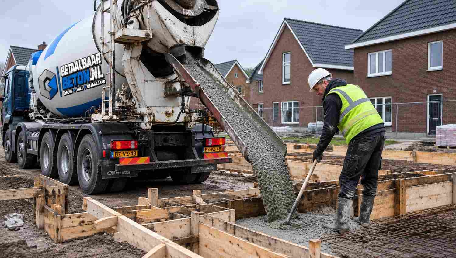 Betonmixer van BetaalbaarBeton.nl stort beton via een goot in de bekisting van een fundering