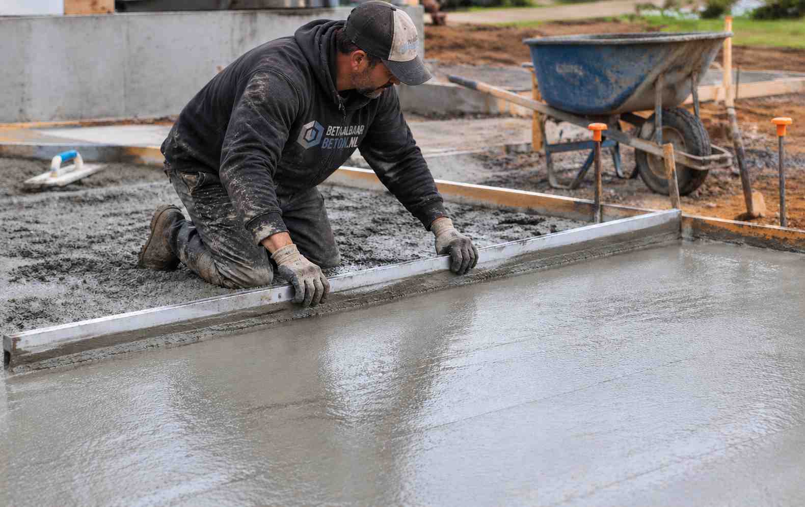Vakman van BetaalbaarBeton.nl trekt een vers gestorte betonvloer af